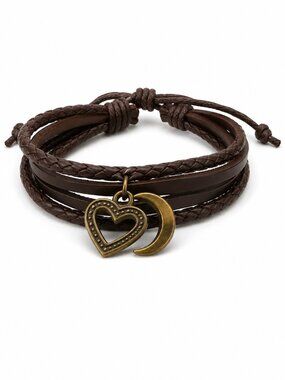 Handmade Moon & Heart Leather Wrap Bracelet NWT Adjustable Boho Mystic Jewelry
